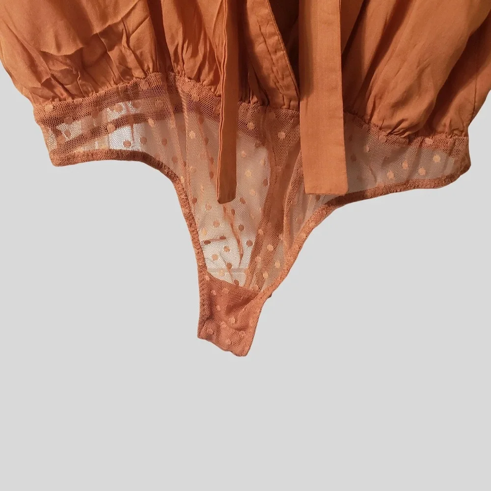 VTG Intimately Free People Call Me Later Bodysuit Orange Mesh Swiss Dot Small